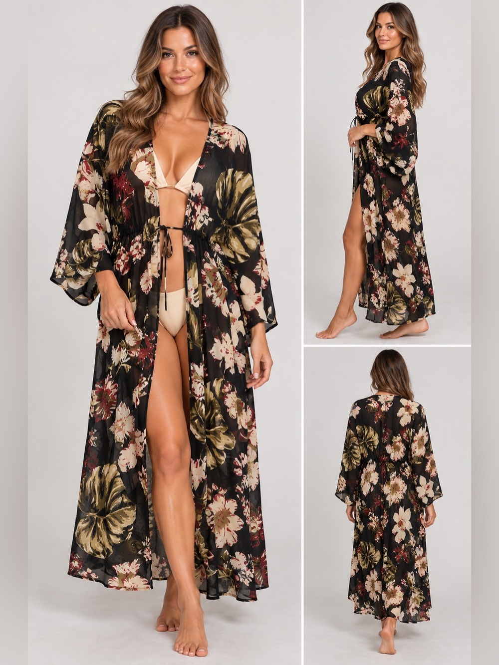 Walter Baker Sheer Floral Kimono Duster Maxi Cover Up OS Boho Resort